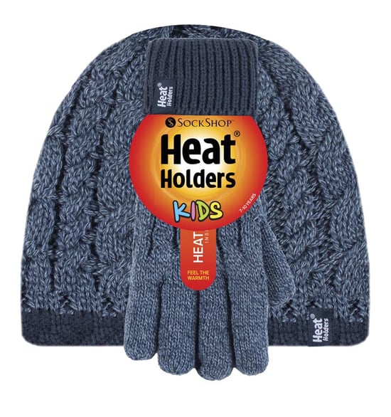 Heat Holders - Boys Kids Cable Knit Warm Fleece Lined Thermal Winter Hat and Gloves Set - DN1P7 - Image 2