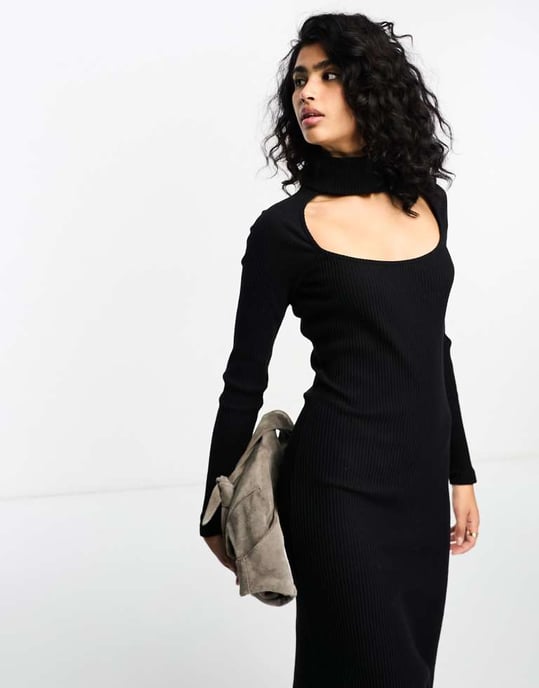 ASOS DESIGN supersoft rib long sleeve fitted midi dress with choker detail  in black