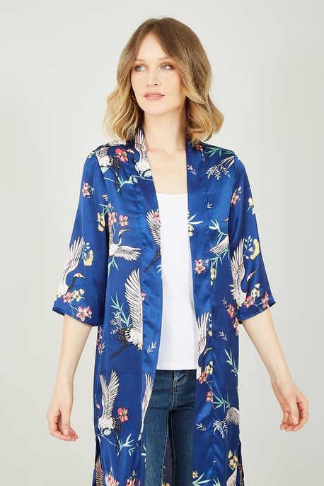Yumi Navy Satin Crane Print Kimono