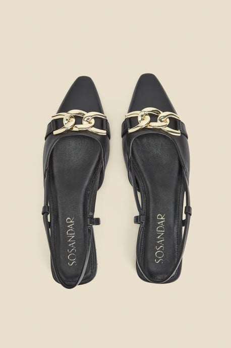 Black Leather Pointed Toe Flat Slingback Shoe With Gold Trim