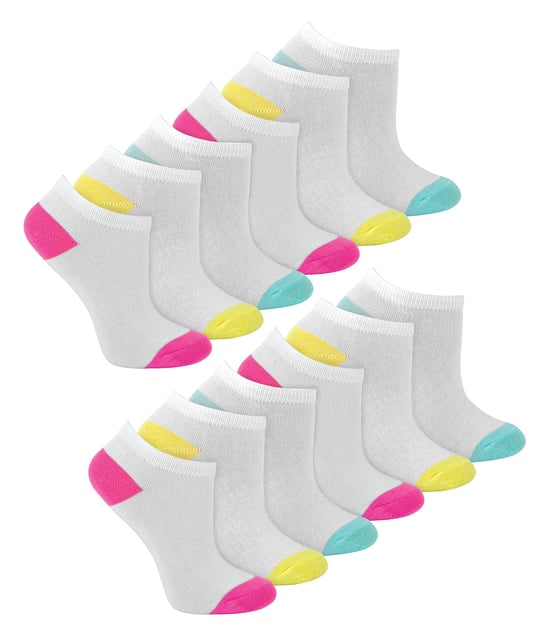 12 Pair Multipack Girls Low Cut Trainer Socks in White | Kids No Show Athletic Running Socks with Contrast Heel & Toe - White - Image 1