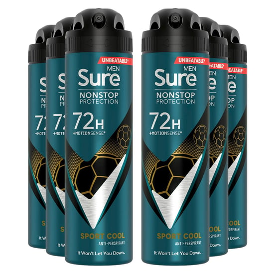 Sure Men Nonstop Protection 72H Anti-Perspirant Deodorant Sport Cool 150ml, 6pk