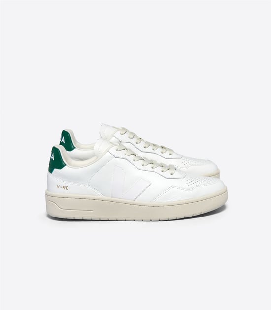 Veja V-90 Leather Men's White/Green Trainers - Image 1