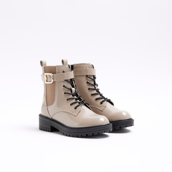 River Island Womens Boots Beige Wide Fit Patent Buckle
