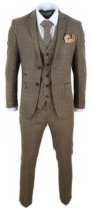 Mens 3 Piece Brown Tweed Check Vintage Retro Suit - Image 4