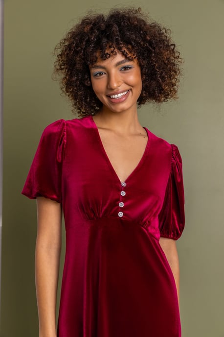Velvet Button Detail Fit & Flare Dress