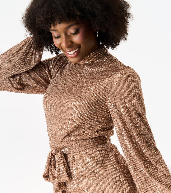 High Neck Long Sleeves Belted Sequin Dress