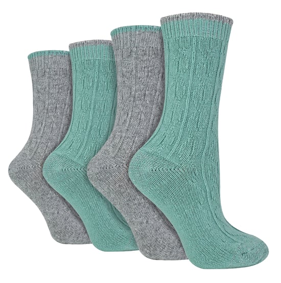 4 Pack Ladies Cable Knit Socks | Wildfeet | Lurex Glitter Socks for Women - Grey/Green - Image 1