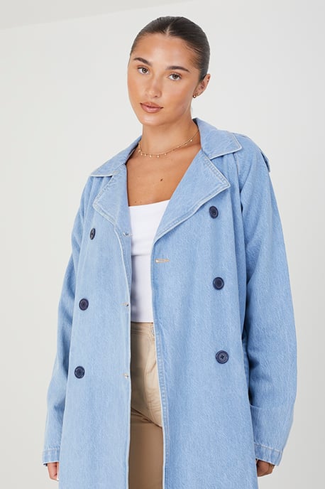 Denim Double-Breasted Longline Trench Coat With Raglan Sleeves