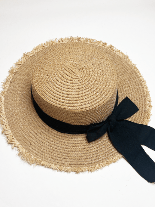 Straw Hat With Black Ribbon Bow