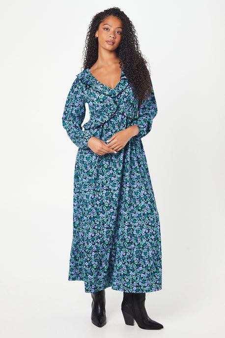 Tall Blue Ditsy Ruffle Front Midi Dress - Image 1