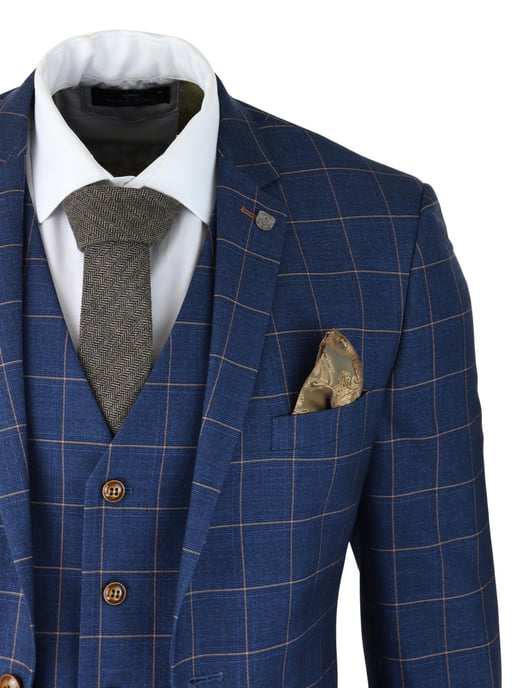 Mens 3 Piece Suit Blue Gold Check Peaky Blinders 1920 Gatsby Smart Vintage Suit - Image 5