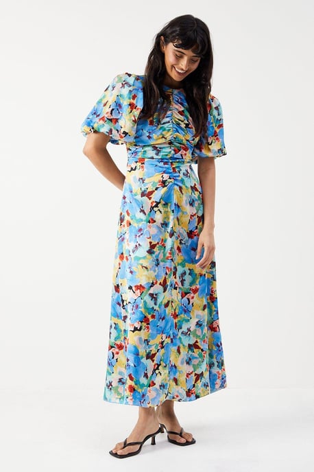 Satin Ruched Front Puff Sleeve Midi Dress