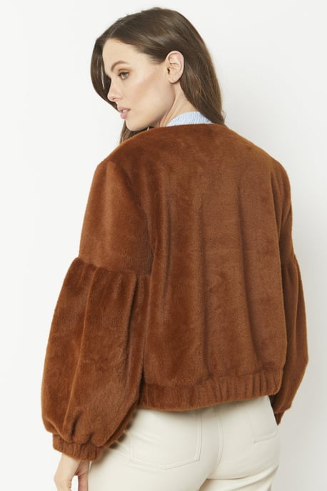 Cashmer Efect Cropped  Faux Fur Jacket with Puff Sleeves