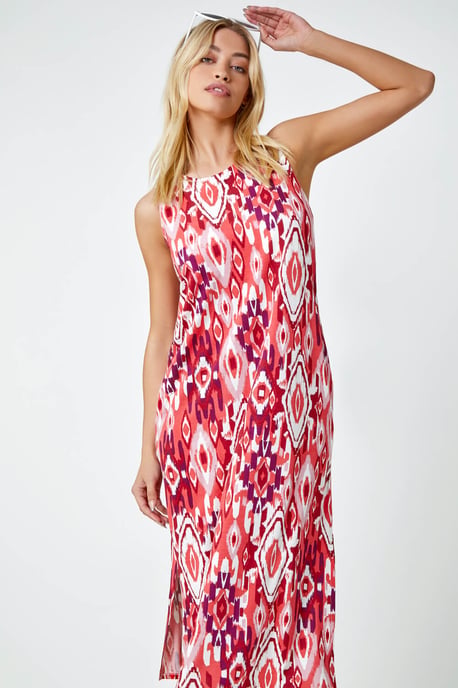 Sleeveless Aztec Print Midi Stretch Dress