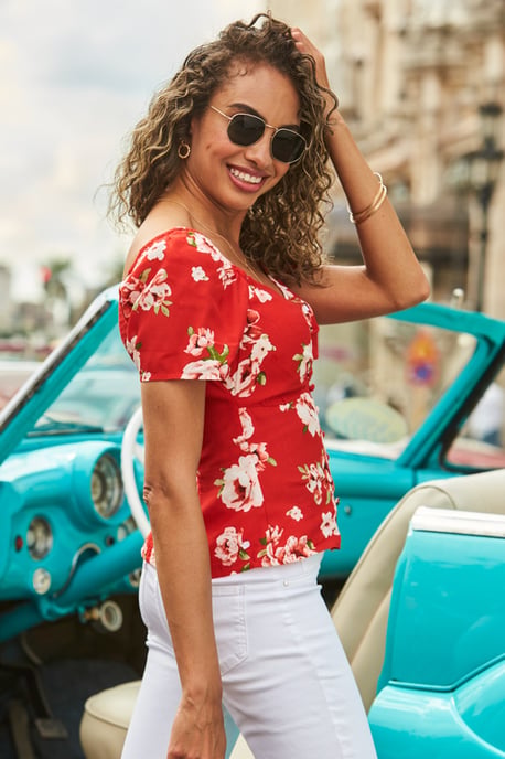 Red Floral Print Button Front Top