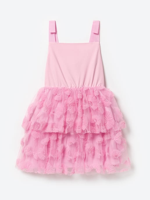 Self Portrait Girls Jersey and Tulle Dress in Pink - Image 1
