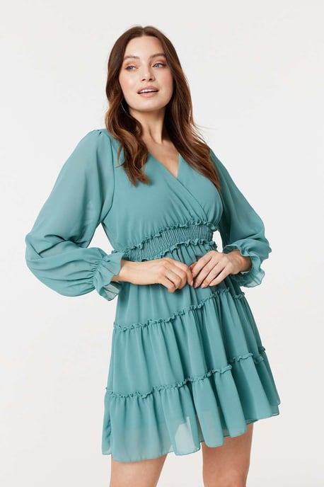 Green Lace Detail Long Sleeve Mini Dress