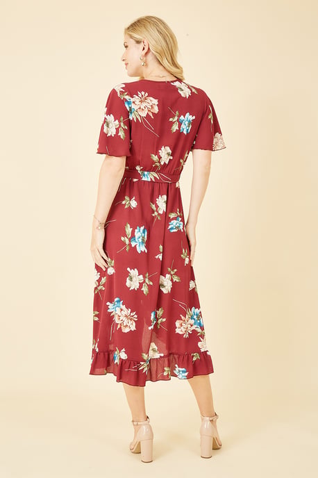 Red Floral Dip Hem Wrap Midi Dress