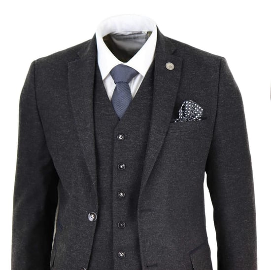 Mens 3 Piece Black Wool Tweed Vintage Retro Suit - Image 3
