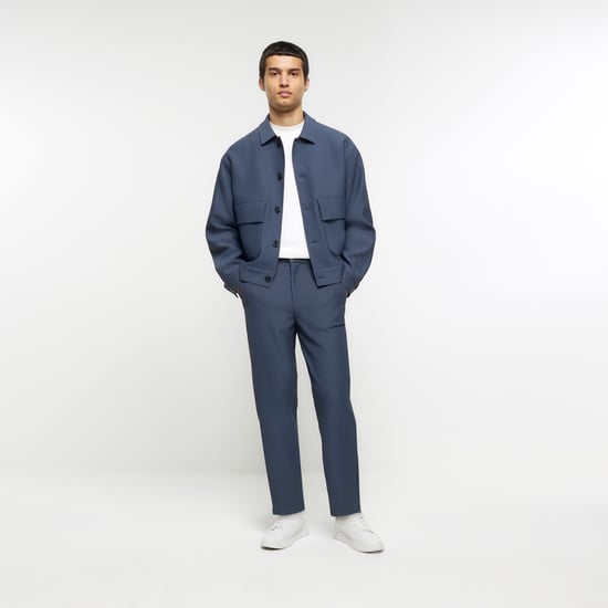 River Island Mens Smart Trousers Blue Tapered Fit Plisse