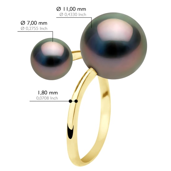 Ring Duo - Yellow Gold - 2 Real Cultured Tahiti Pearls Round 7-8 and 11-12 mm - Image 2