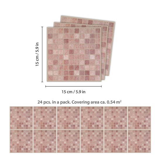Vintage Pink Marble Mosaic Wall Tile Sticker Set - 15cm (6inch) - 24pcs one pack Self Adhesive DIY Wall Sticker