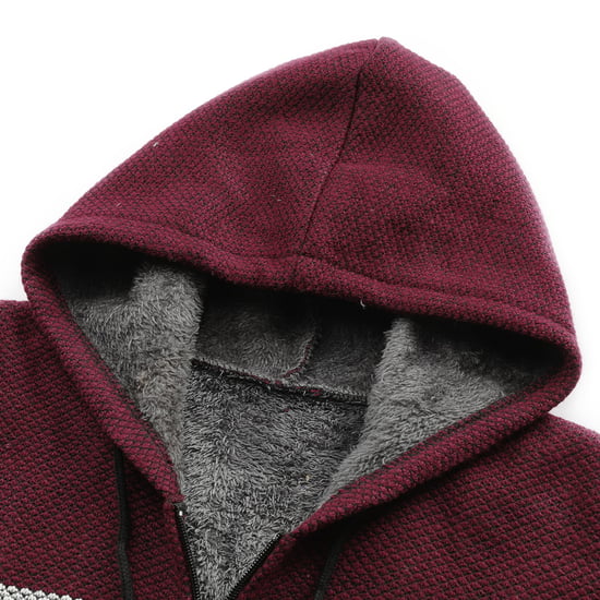 Vinterövergångskofta för män med huva Fodrad Chunky Stickad Varm jacka med huva Burgundy - Image 4