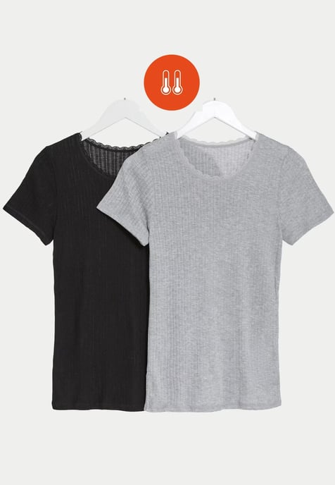 Womens 2 Pack Thermal Pointelle Short Sleeve Tops in Grey/Black - Image 1