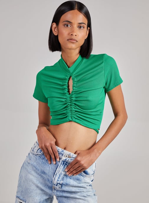 Short Sleeve Gathered Keyhole Ribbed Top