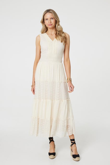 White Lace Detail Sleeveless Tiered Maxi Dress