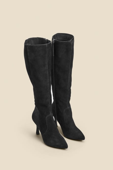 Black Suede Flared Heel Knee High Boots
