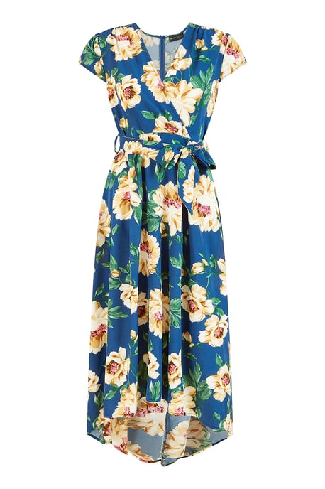 Mela Blue Painted Floral Print Dipped Hem Wrap Dress