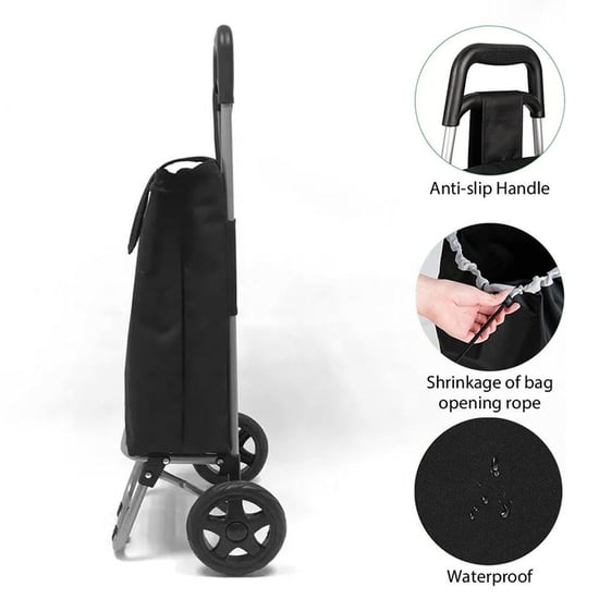40L Black Lightweight Wheeled Folding Durable Cart Strong Grocery Bag Shopping Trolley