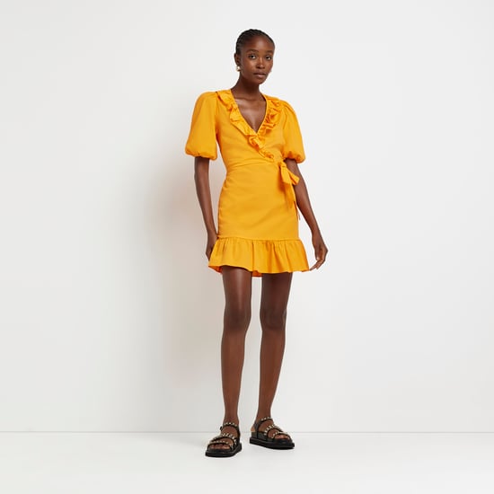 River Island Womens Wrap Mini Dress Orange Frill Short Sleeve