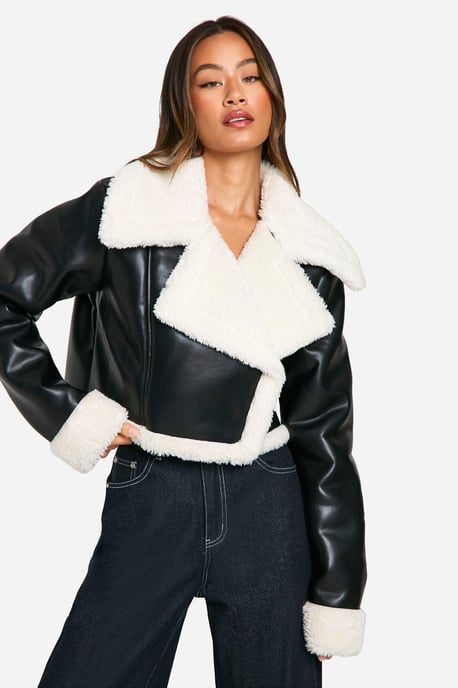 Tall Faux Fur Lined Cropped Leather Jacket - Image 1