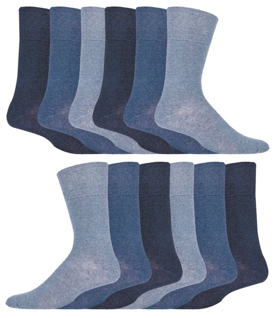 12 Pair Multipack Gentle Grip Top Diabetic Socks | IOMI | Mid Calf Loose Top Non Elastic Cotton Socks with Handlinked Seamless Toe - Blue - Image 1