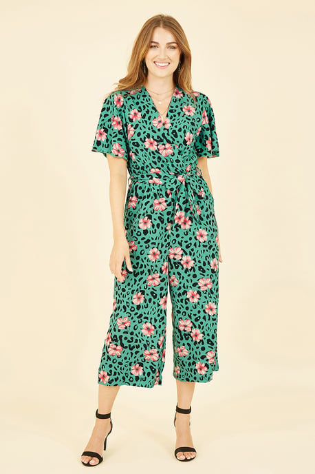 Green Animal Print Jumpsuit With Angel Sleeves