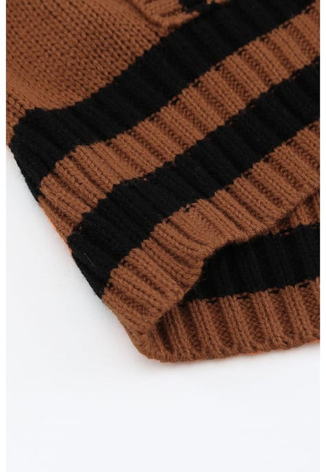 Women's Contrast Stripes V Neck Short Sleeve Sweater in Brown - Image 4