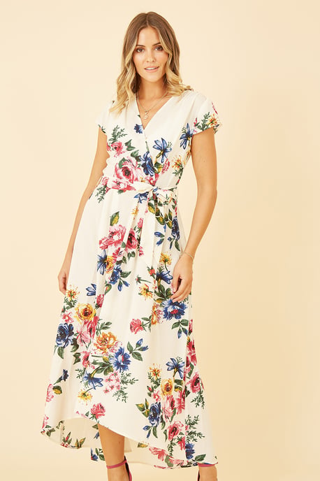 Mela Ivory Floral Wrap Dip Hem Dress
