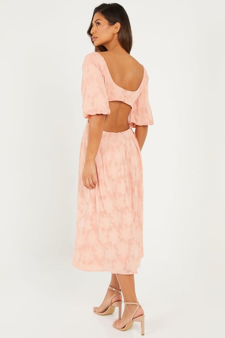 Peach Jacquard Puff Sleeve Midi Dress