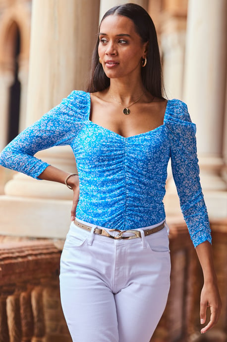 Blue & White Ditsy Floral Print Ruched Front Mesh Top
