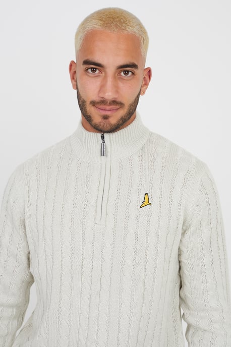 Light Beige 'August' Quarter Zip Neck Cable Knit Jumper