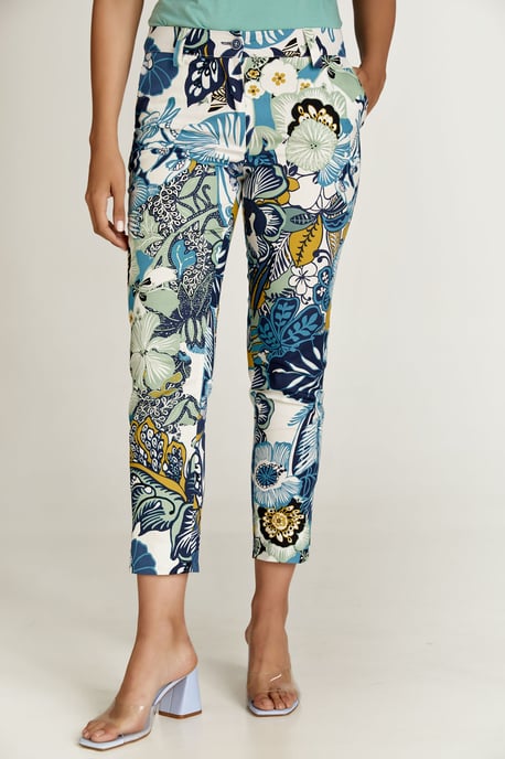 Gebloemde katoenen broek in blauwe en groene tinten - Image 3