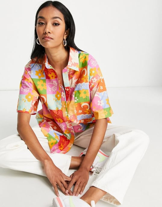 ASOS DESIGN short sleeve vacay shirt in bright check motif print-Multi