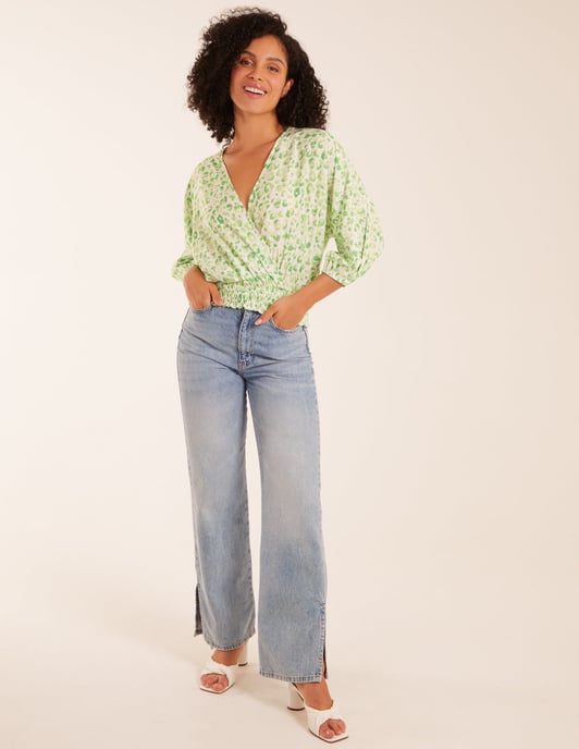 Elasticated Sleeve Wrap Front Elastic Hem Top
