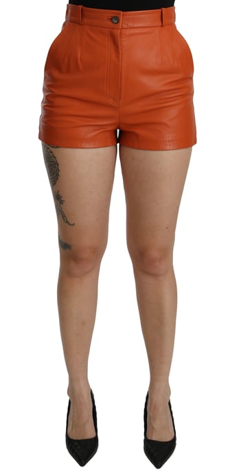 Dolce & Gabbana Dames Oranje Leren Hoge Taille Shorts - Image 1