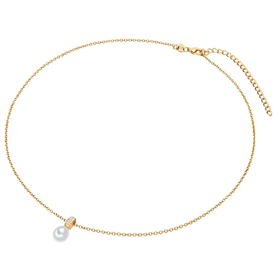 Necklace with pendant sterling silver yellow gold freshwater cultured pearl white zirconia white Valero Pearls - Image 2
