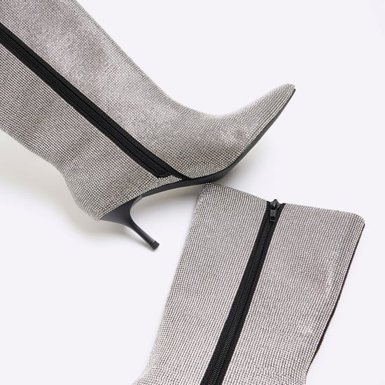 River Island Womens Calf Boots Silver Diamante Heeled