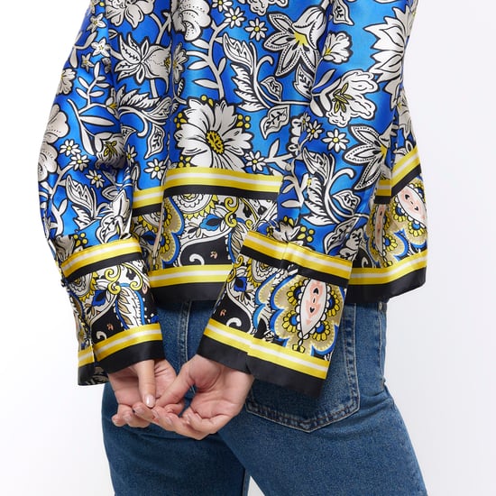 River Island Womens Shirt Blue Satin Floral Crop